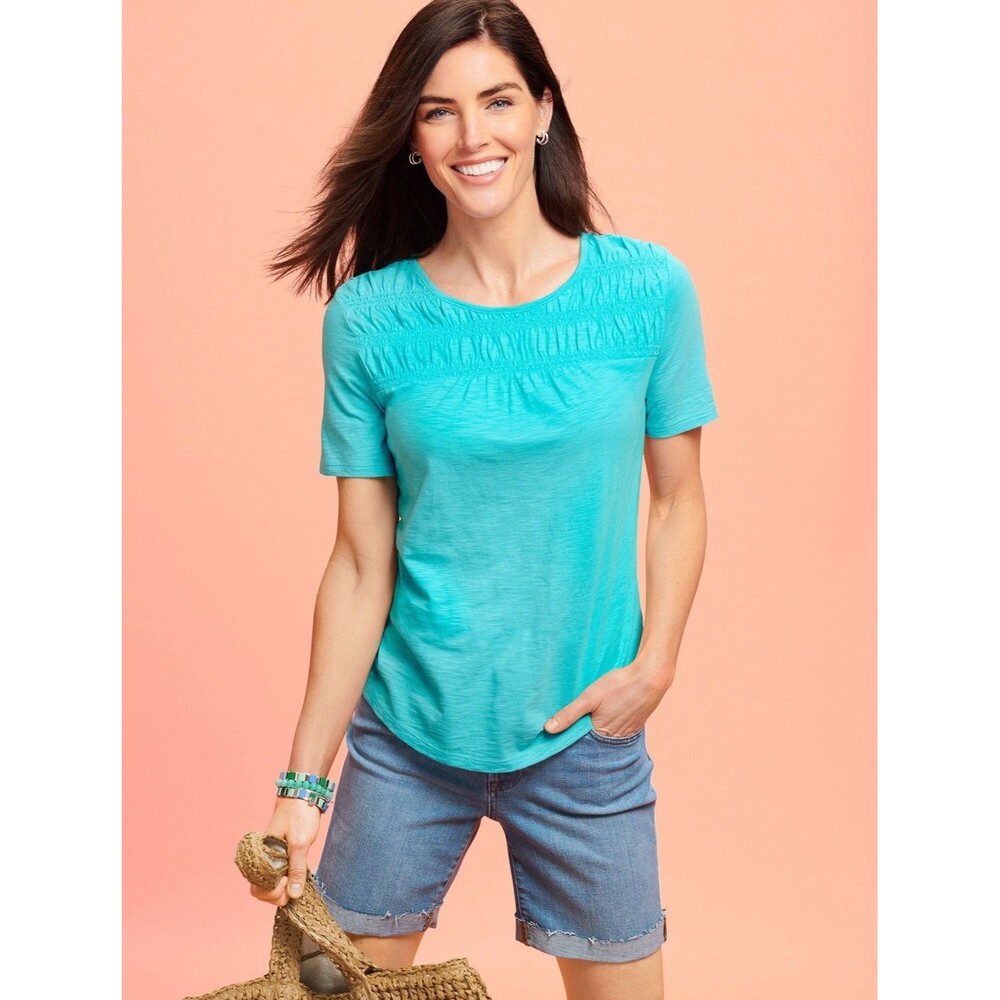 Talbots women Sz M Petite aqua short sleeve smocked knit top Cotton Modal Blend